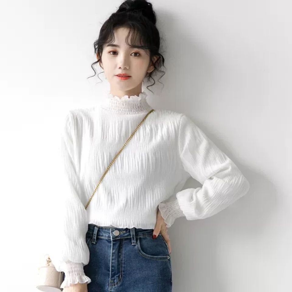 新款白色高领打底衫女冬加绒加厚雪纺上衣洋气内搭保暖蕾丝衫