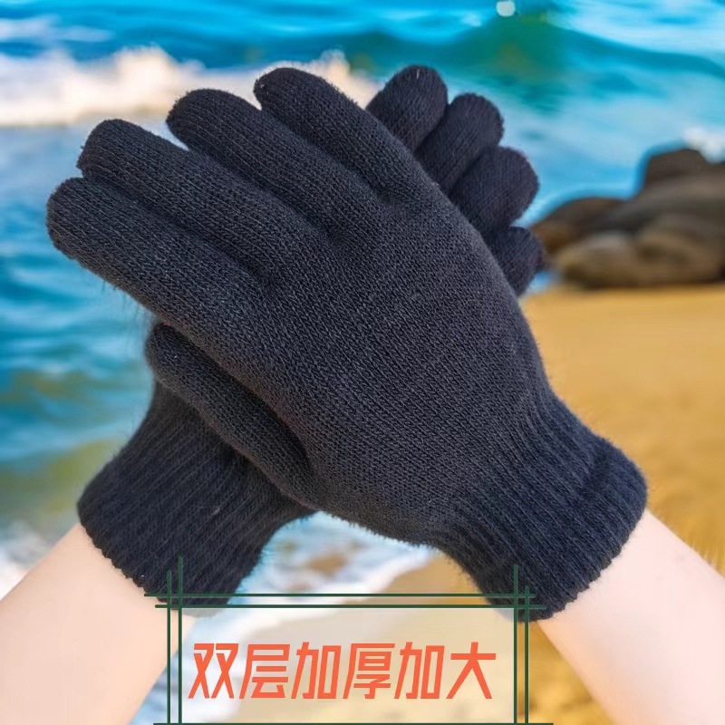 厂家批发男女款黑双层针织马海毛加厚手套 羊绒礼品魔术地摊货
