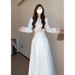 2025秋冬新款纯欲蕾丝V领长袖衬衫上衣女高腰显瘦飘逸长裙两件套
