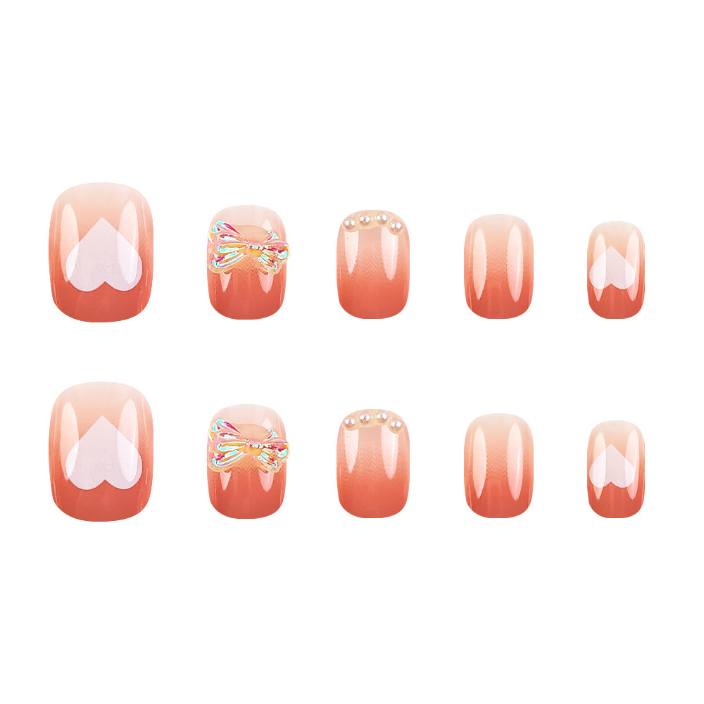 Polvo de melocotón gradiente amor arco manicure dulce dulce dulce punto lindo taladro de uñas 24 piezas de parche de uñas