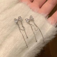 甜心蝴蝶结闪钻银针流苏耳钉女甜美长款j精致高级感耳环气质耳饰