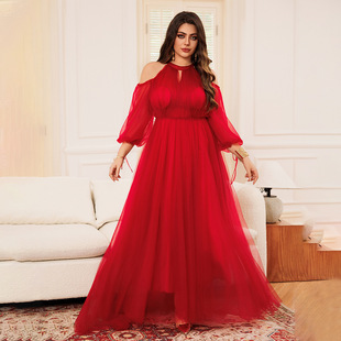 2025 European and American Cross-border Red Long Sleeve Hollow Mesh Large Elegant Ladies Dinner Dress (Heavy Industry