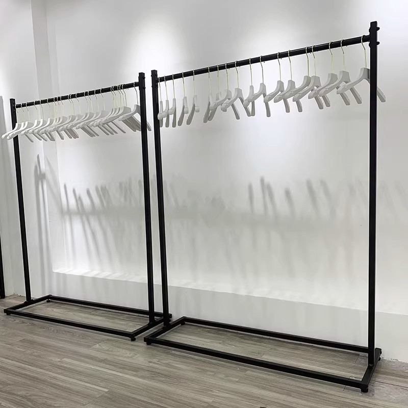 Tienda de ropa colgar percha de ropa tubo cuadrado hierro forjado negro tipo suelo colgante lateral estante de boda tienda de ropa infantil estante de exhibición de estantes de isla