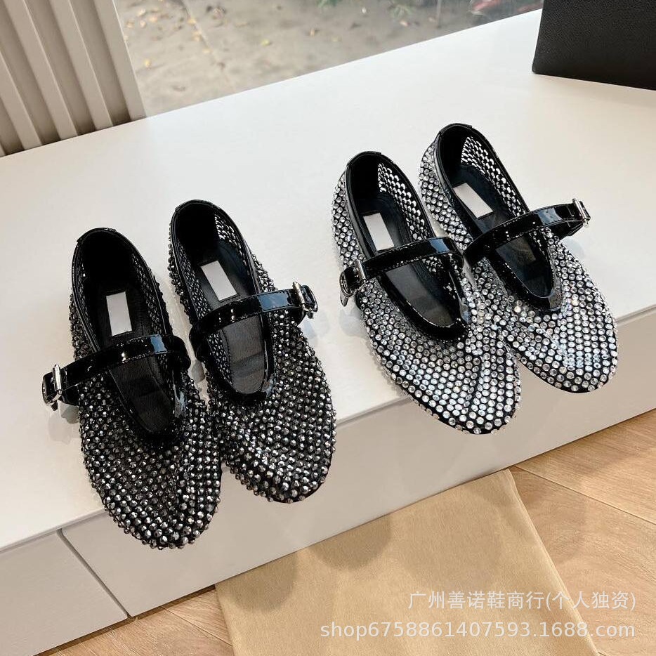 High Version Aiaf New Cut Out Full Rhinestone Fishnet Ballet Shoes Women's Flats Mesh Belt Buckle Mary Jane Shoes