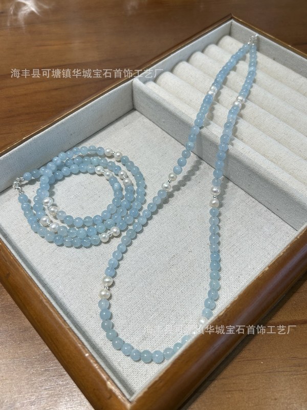 天然冰种海蓝宝紫水晶蓝水翡翠项链夏日风白水晶珍珠南红水晶项链|undefined