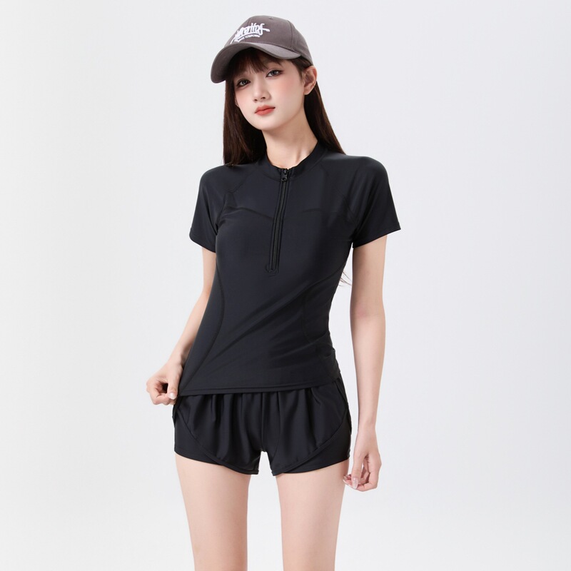 Source Factory Korean Style Ins Black Short-Sleeved Shorts Split Swimsuit for Women Summer Sports Slimming Belly-Covering Swimsuit