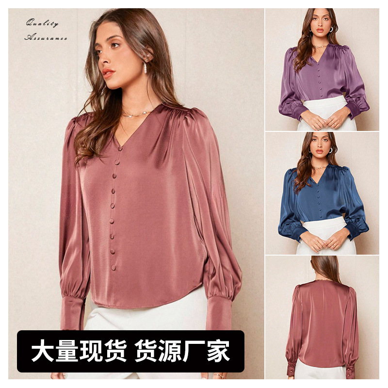 Top con cuello en V camisa de moda satinado femenino top de estilo de viaje satinado europeo y americano venta directa de ropa de mujer transfronteriza