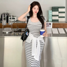 韩国东大门气质时尚学院风短袖圆领条纹百搭修身长款针织连衣长裙
