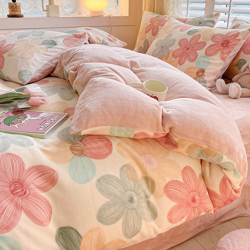 Juego de cuatro piezas de lana de leche gruesa de invierno 2024 nuevo traje de cuatro piezas de lana de coral de doble cara más funda de edredón de terciopelo