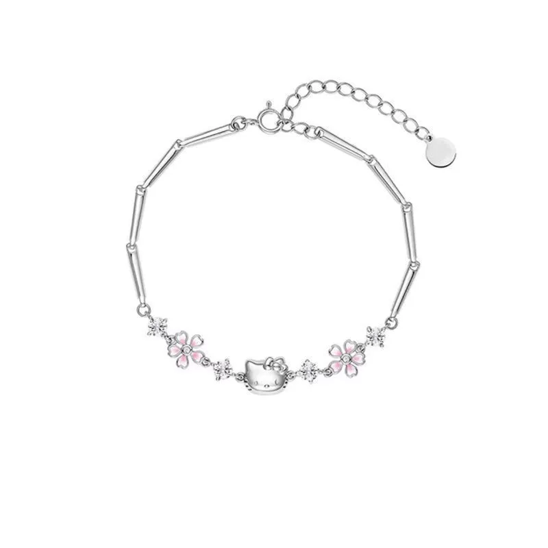 Браслет Hello Kitty, серебристый с розовым эмалевым цветком сакуры, регулируется, лёгкая вес