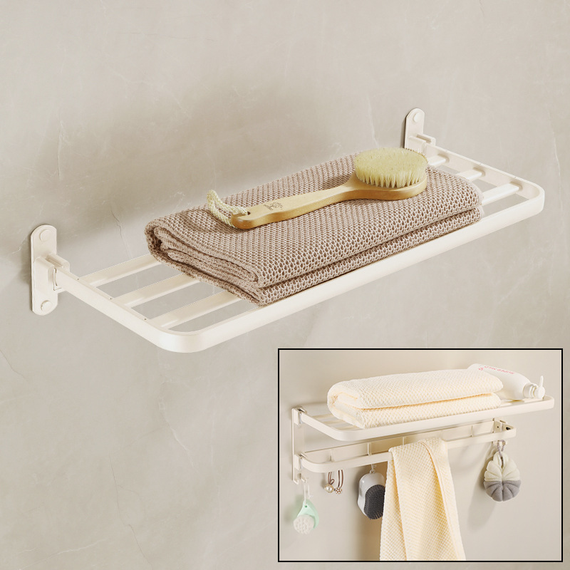 Cream white bathroom no-drill foldable single-layer towel rack wall-mounted space aluminum double-layer towel rack for bathroom Cream white bathroom no-drill foldable single-layer towel rack wall-mounted space aluminum double-layer towel rack for bathroom