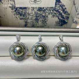 S925纯银花型海水珍珠吊坠10-11mm海水大溪地黑珍珠皮光细腻油亮