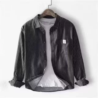 春秋复古条纹衬衫男士韩版宽松痞帅休闲衬衣长袖文艺帅气工装外套