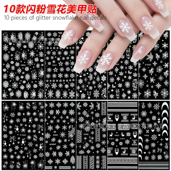 26 Years of Cross-Border New Christmas White Glitter Snowflake Nail Stickers Reindeer Sweater Pattern Nail Stickers Wholesale Nail