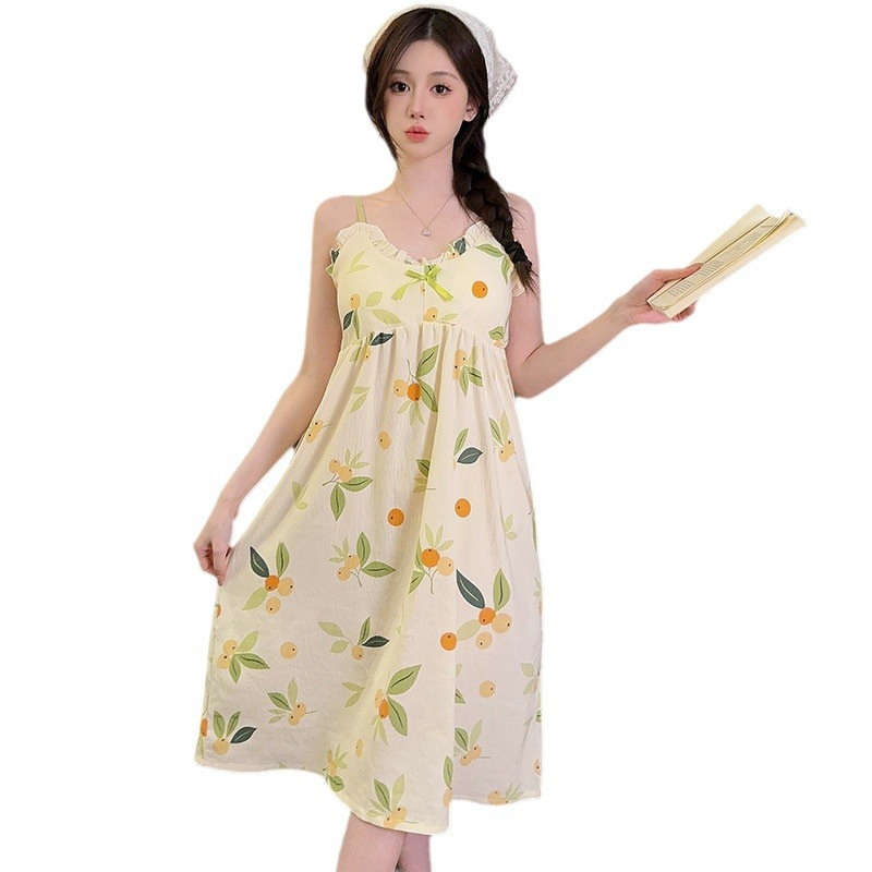 Verano con almohadilla de pecho pijama largo mediano pijama mujer nubes de algodón dulce lindo estudiante vestido de ropa casera casual