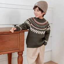 圣诞节新年提花男童套头毛衣秋冬保暖儿童圆领针织衫男孩宝宝套衫