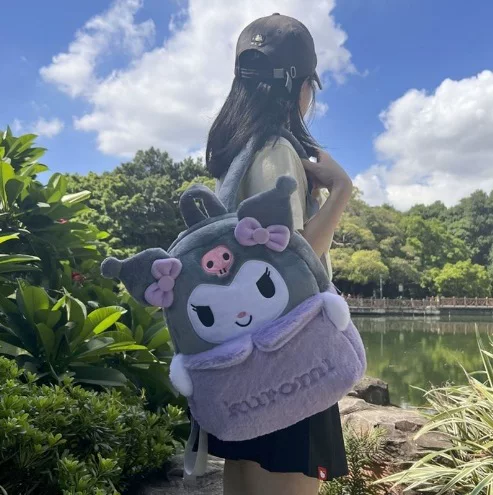 Cartoon New Kuromi Casual Bag Can Hold A4 Paper Large Capacity Plush Double Back Girl Heart Travel Cosmetics Bag