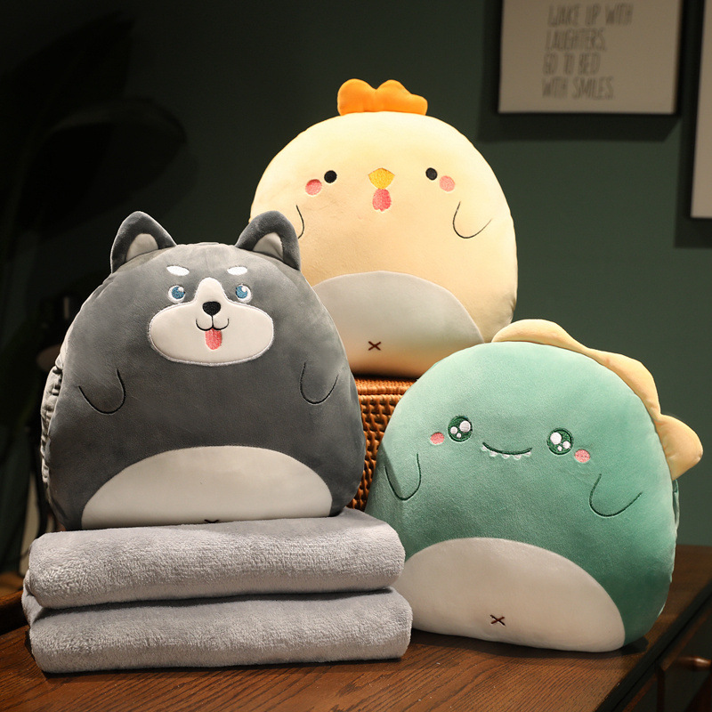 새로운 부드럽고 귀여운 동물 베개 담요 3-in-1 담요 따뜻한 손 담요 플러시 낮잠 베개 누워 수면 베개 작은 담요