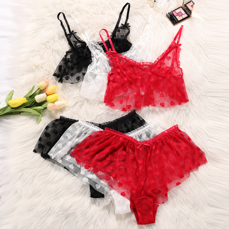 Mesh Breathable Sex Bow plus size Hot Perspective Women's Underwear suit No Steel Ring Sexual Beautiful Back Bra