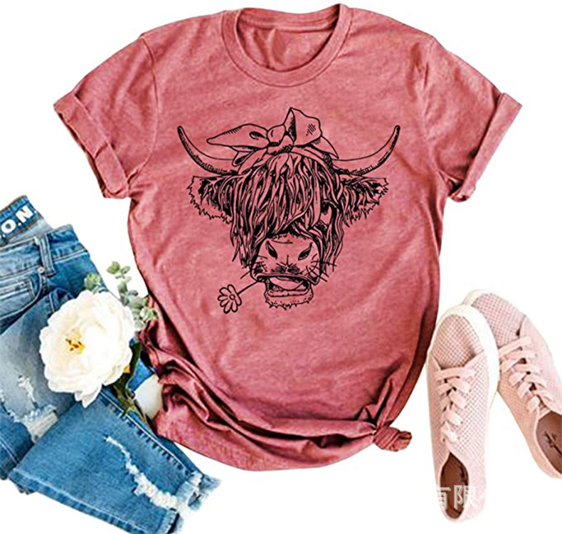亚马逊爆款有趣的动物牛图形印花/扎染休闲短袖女式T恤农场上衣详情5