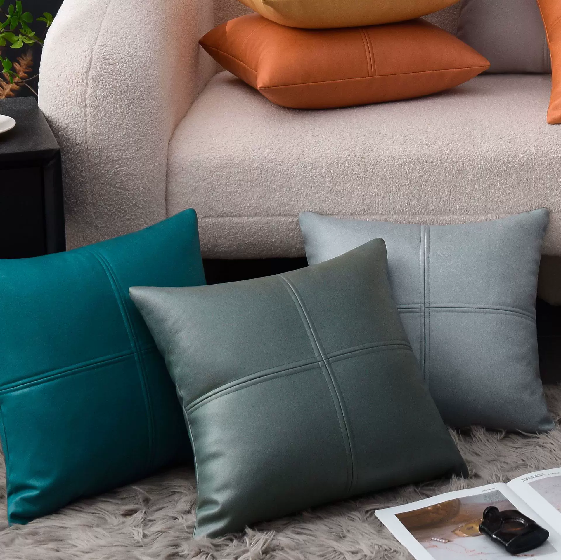 十字拼接科技布抱枕套沙发客厅轻奢皮感靠垫高级感靠枕套批发防水