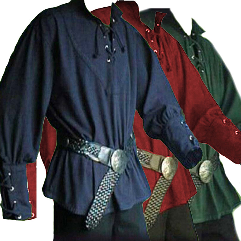 Men's Medieval Top With Standing Collar And Tie Loose Performance_voghion.com