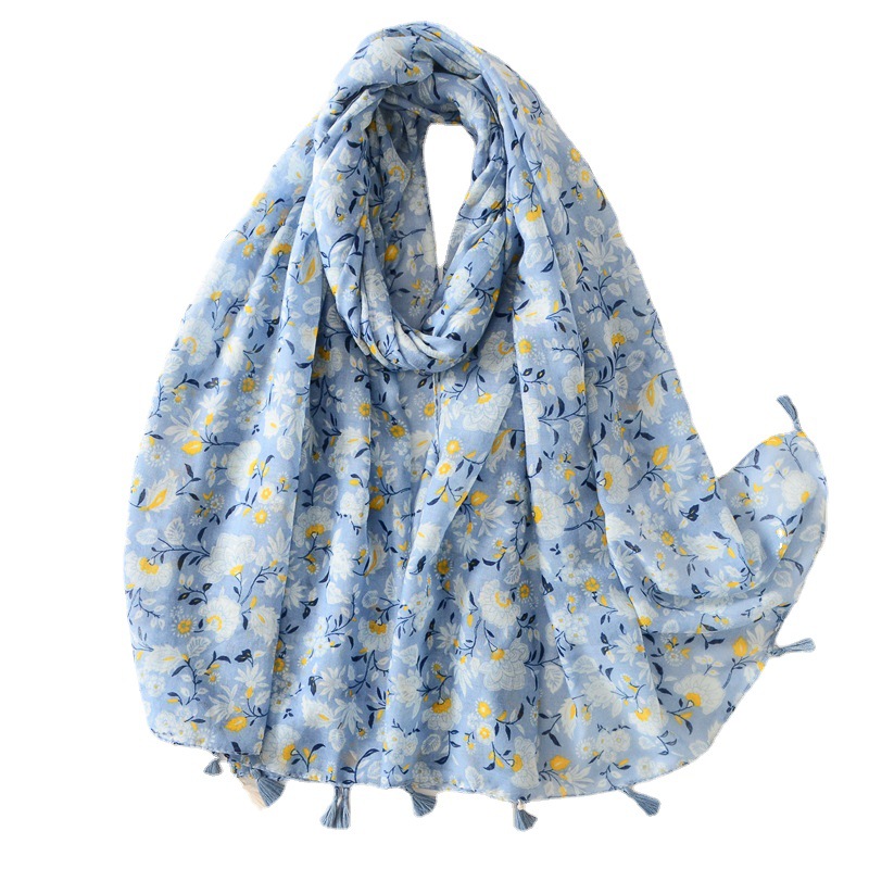 Estilo coreano fresco dulce luz azul flor viajes protector solar Toalla de playa algodón y lino sensación bufanda las mujeres borla hecha a mano chal