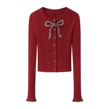 现货  2025秋冬女新款水钻蝴蝶结针织衫修身开衫XRV7M19A