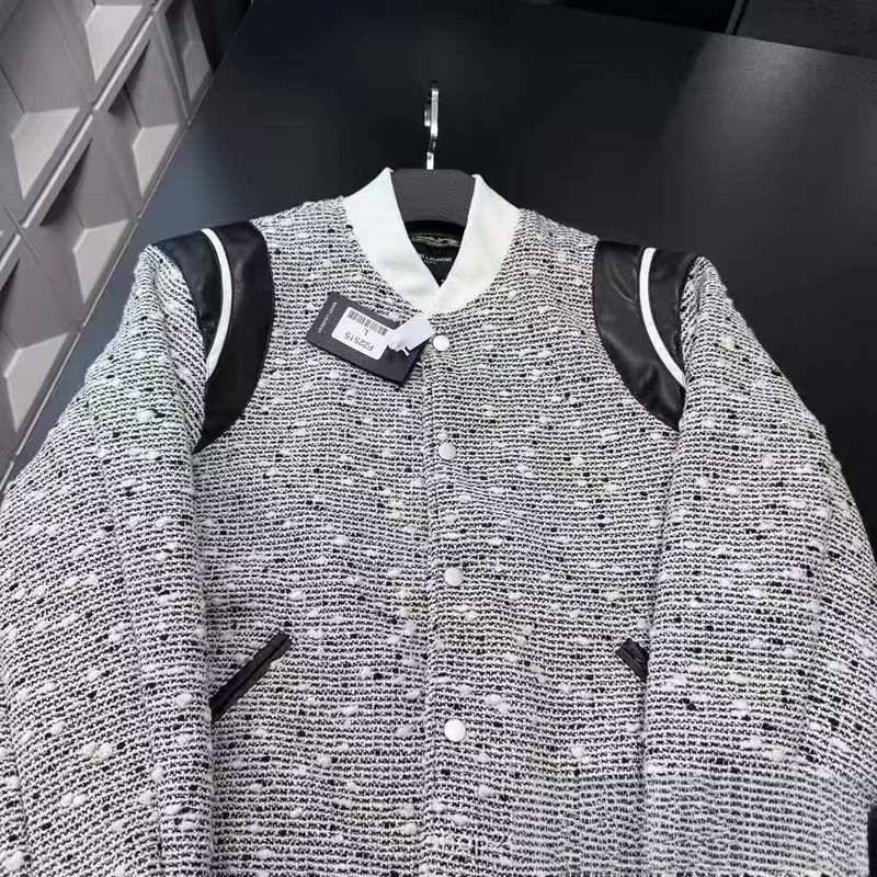 Light Luxury Chanel-Style Tweed Baseball Jacket with Black and White Color-Blocking and Leather Shoulder Design, Loose Fit That Makes You Look Slimmer