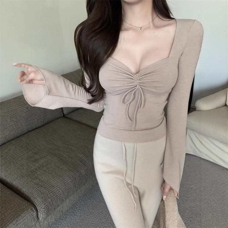设计感褶皱系带长袖T恤女2025年早秋德绒纯欲辣妹修身短款上衣女|undefined