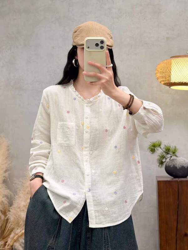 Korean-style new model, stand-up collar, ruffled edge, embroidered sunflower women's cardigan long-sleeve shirt Korean-style new model, stand-up collar, ruffled edge, embroidered sunflower women's cardigan long-sleeve shirt
