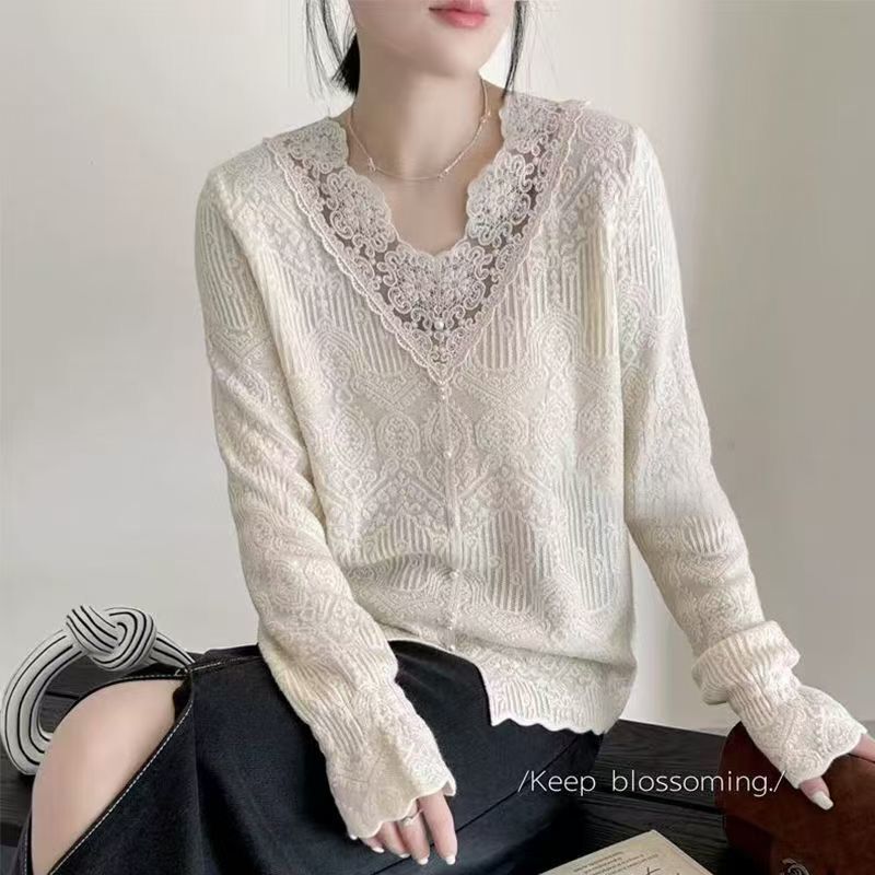 欧根纱蕾丝内搭针织衫女欧洲站2025早春新款欧货女装喇叭袖小衫潮|undefined