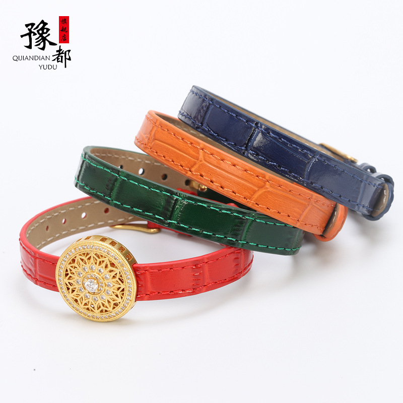 Fashionable Bamboo Genuine Leather Watch Strap Bracelet with Gold Dial and Eight Treasures Compass Wristband Made of Full Cowhide
