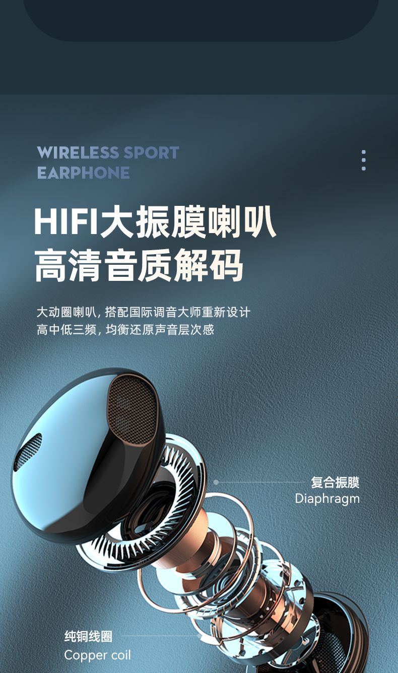 New sports neckband Bluetooth earphones with ultra-long standby time, heavy bass, suitable for running and listening to music, compatible with Apple and Android phones