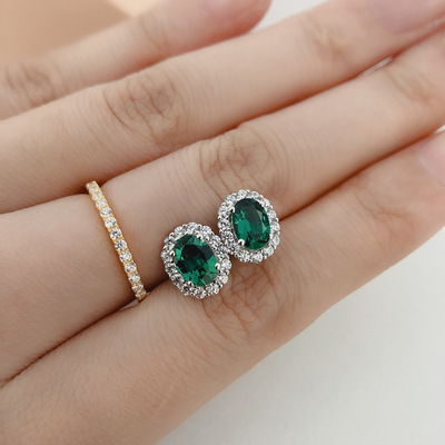 A generation of fat s925 Silver gold plating 1 Carat Cultivation Emerald Ear Studs 18K Cultivation Emerald Earrings