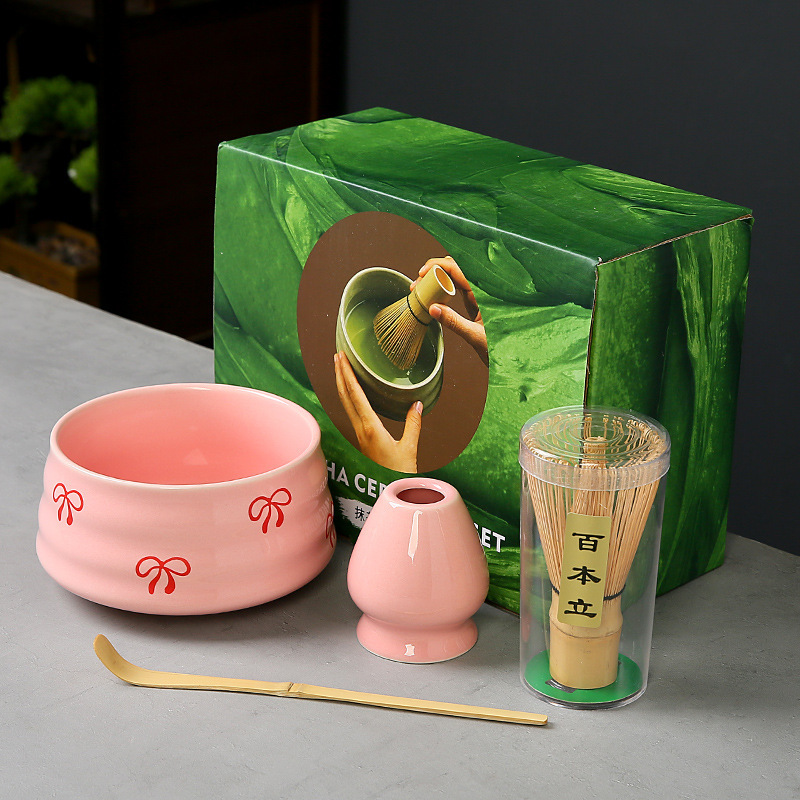 跨境抹茶碗套装樱桃蝴蝶结心形图案花纸陶瓷百本立茶筅点茶系列|undefined
