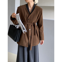 江左 柏林冬日 30羊毛西装外套毛呢女夹棉加厚氛围感系带上衣1239