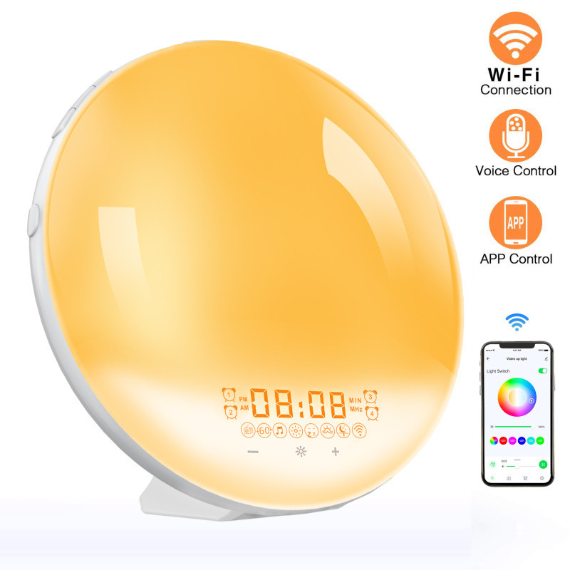 模擬日の出知能覚醒灯wifi音声app制御led七彩ベッドの日没睡眠灯目覚まし時計|undefined