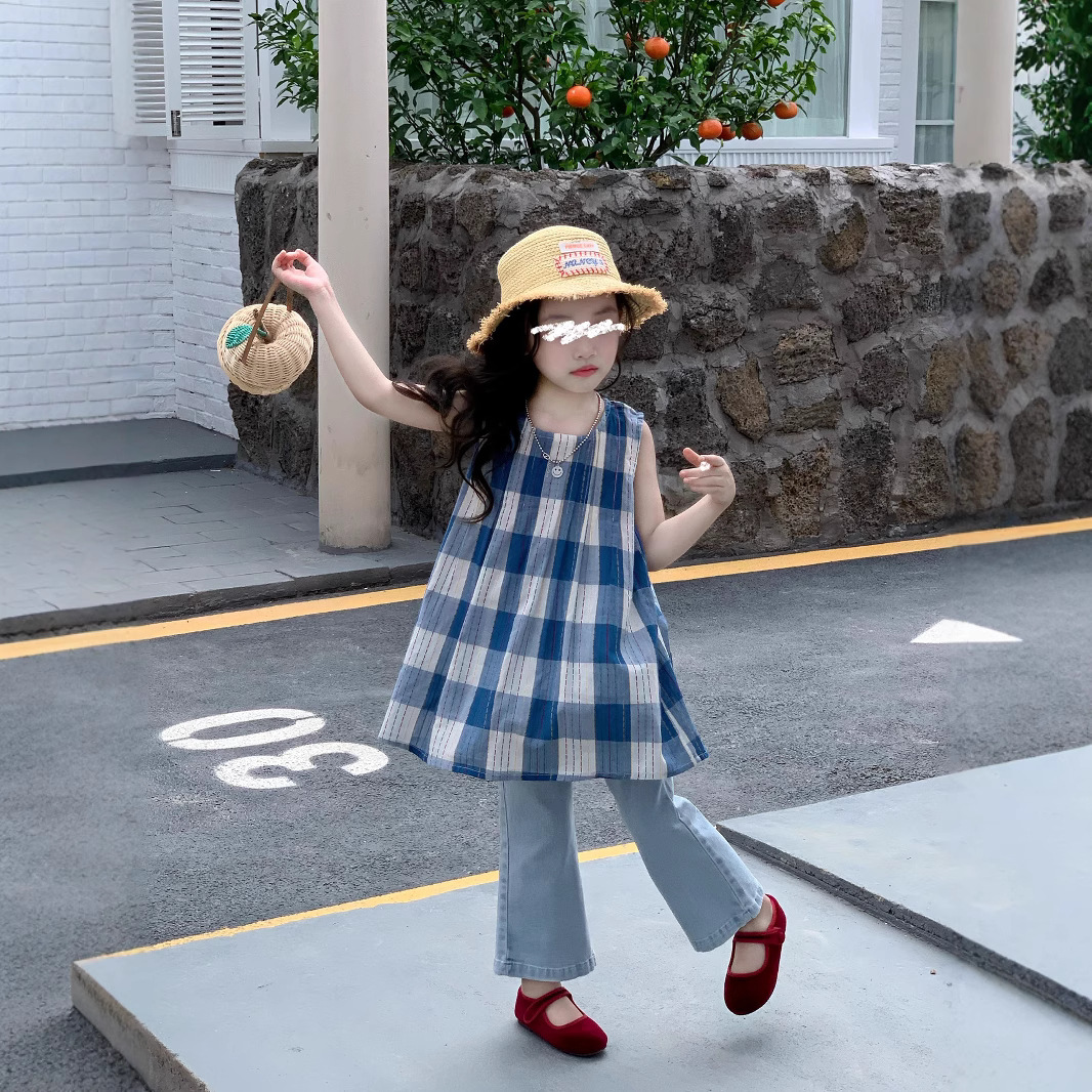 Girls' Western Style dress 2025 Summer New Children's Wear Children's Plaid Sleeveless Korean Style Sweet Girl Large Plaid Skirt