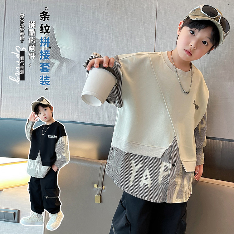 7086 Traje de primavera para niños Traje de dos piezas de ropa falsa a rayas de costura para niños de estilo occidental Traje de dos piezas de moda rojo neto de primavera y otoño