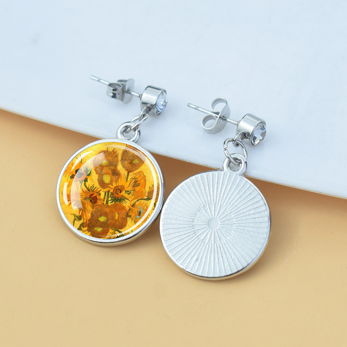 Pendientes de diamantes brillantes de flores Iris de girasol Van Gogh Art Starry Sky Pintura al óleo Pendientes de estilo europeo y americano medieval