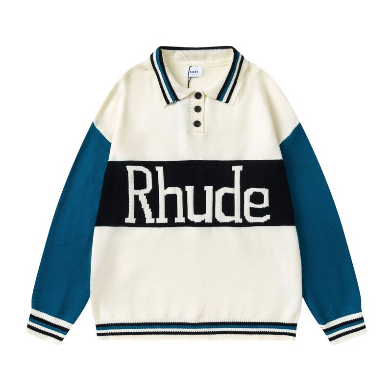 跨境欧美潮牌RHUDE字母提花拼接撞色翻领polo针织衫男女毛衣外套|undefined