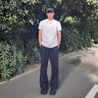 何以至此美式格子裤子男夏季薄款微喇弯刀裤子提档直筒休闲运动裤