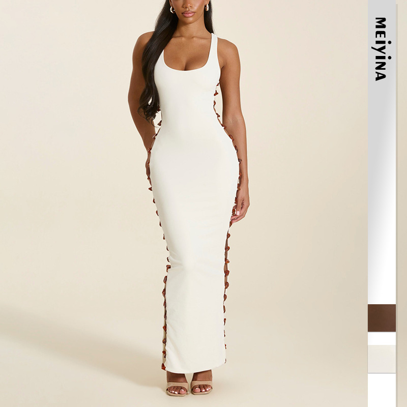 2026 cross-border European and American women's summer new collection: sleeveless, figure-hugging, sexy, and elegant dress with single-row buttons on both sides
