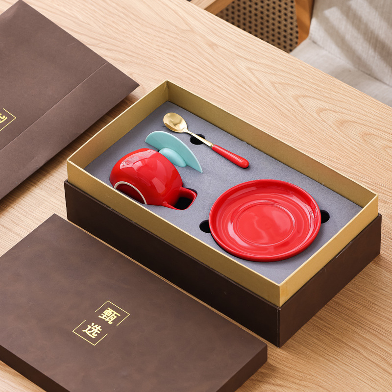 Taza de café en forma de tambor original Taza de moda retro Taza de agua Taza con platillo Cuchara Juego de caja de regalo al por mayor