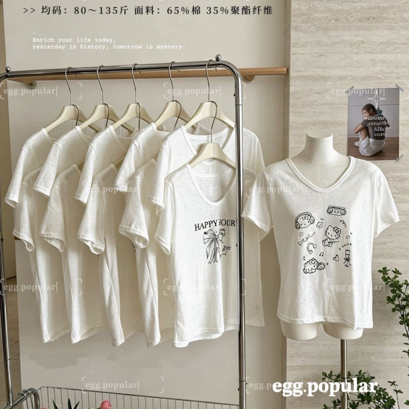 2026 New Summer Style Women's Short-Sleeved Cotton Cartoon Cute Student Girl Summer Cotton and Linen Printed T-Shirt