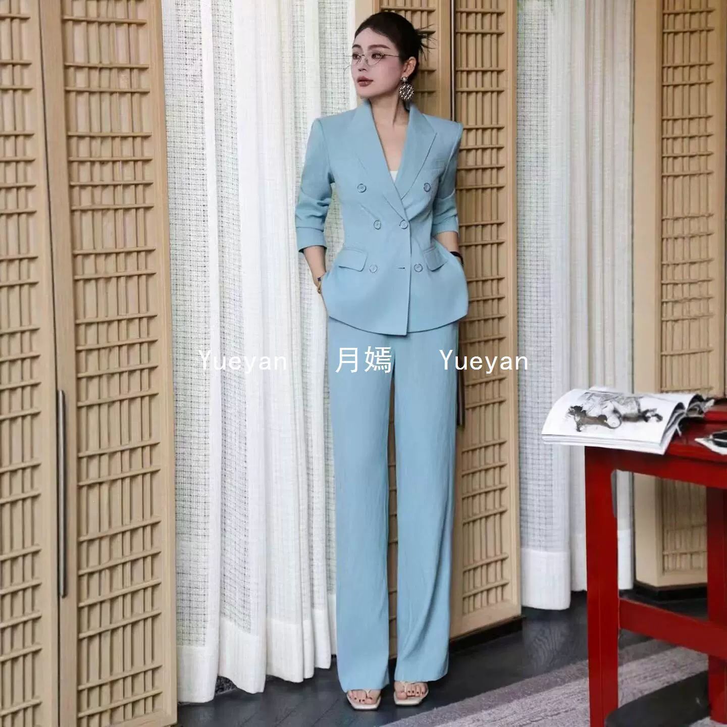 大学生面试正装双排扣西装套装收腰职业装直筒裤两件套