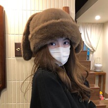 可爱拼色仿貂毛兔耳朵帽子女秋冬防寒保暖毛毛护耳显脸小包头帽子