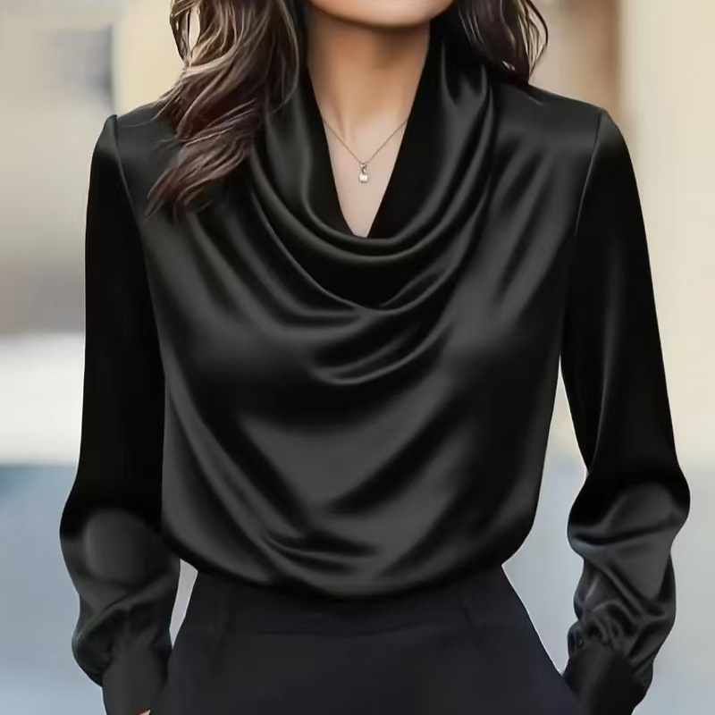 Elegant Drape Neck Long Sleeve Blouse - Autumn Fashion Pure Color Minimalist Shirt For Women, Office & Casual Wear (Black/White/Wine/Coffee, S-XXL)_ecoleips.com