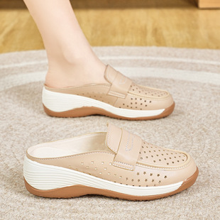 Soft Bottom Hollow Bottom Women's Shoes Wedge Leather Shoes Women's 2025 Summer New Thick Sole Middle-aged Single-layer Shoes Casual Travel Shoes